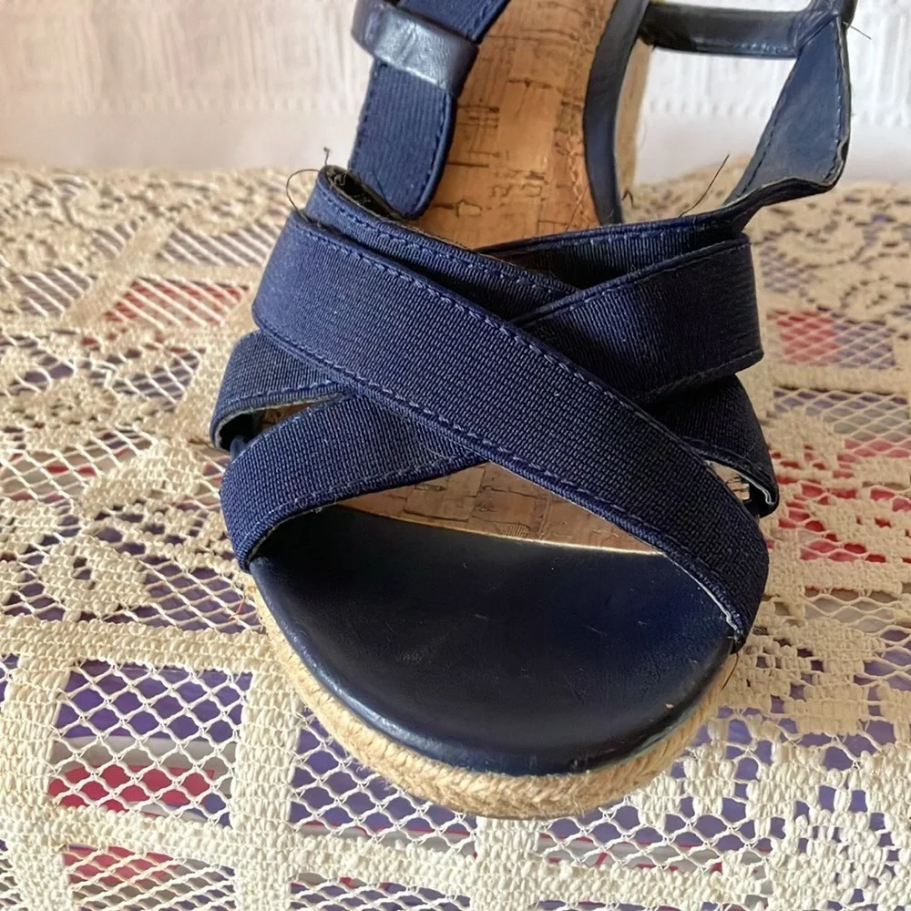 Merona Women’s Sz 10 Navy Blue Espadrille Wedge Sandals 3” Heel Ankle Strap GUC